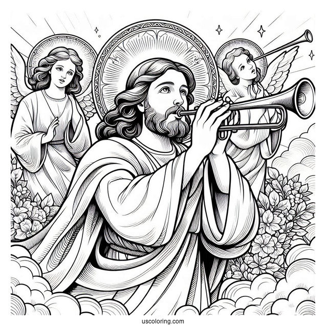 Holy Jesus With Angels Blowing Trumpets On Easter Coloring Page