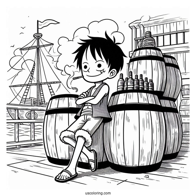 Luffy Coloring Page Leaning On Barrels On Port