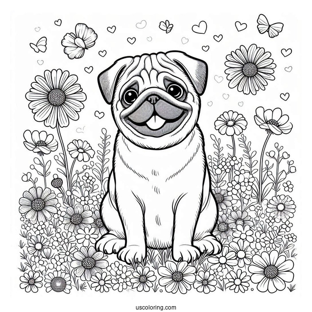Coloring Sheet Of a Pug In Field Of Flowers