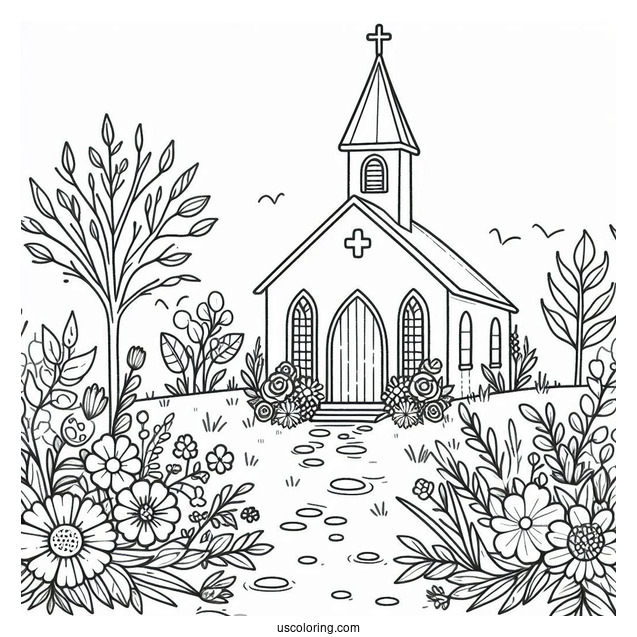 Cute Church Coloring Page With Flowers In Front