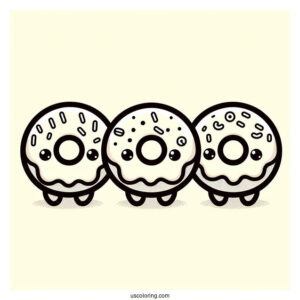 Three Kawaii Mini Donut Coloring Page For Kids