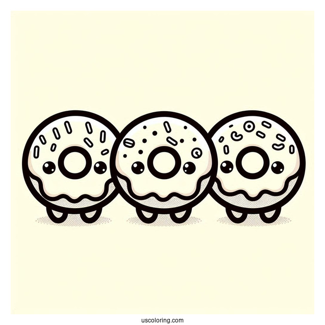 Three Kawaii Mini Donut Coloring Page For Kids