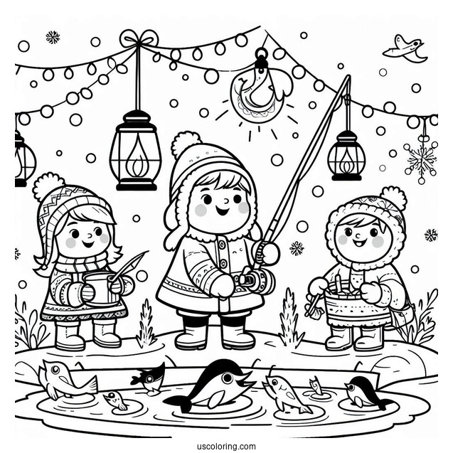 Children Ice Fishing In The North Pole Coloring Page For Kids