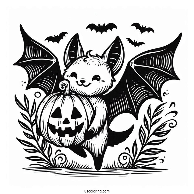 Bat Coloring Page Carrying Jack O Lantern On Halloween