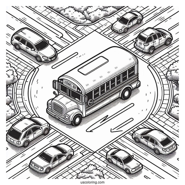 Top View Of Small School Bus Coloring Page On The Road