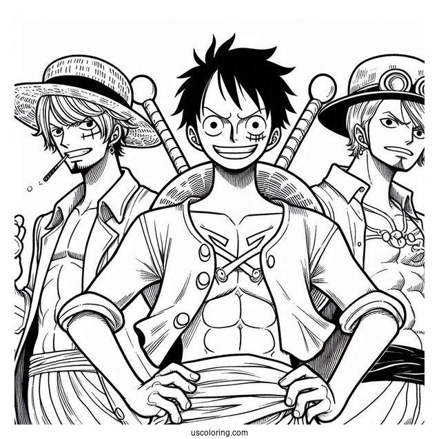 One Piece Coloring Page Of Luffy, Zoro, Sanji, Usopp, And Nami For Kids