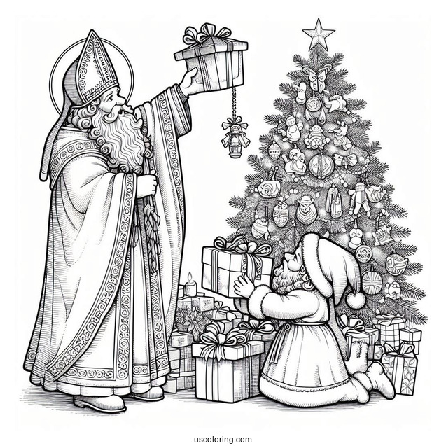 Saint Nicholas Putting Gifts Under Christmas Tree