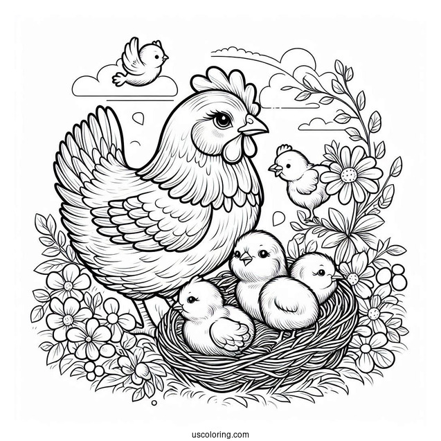 Mother Hen With Newborn Chicks To Color