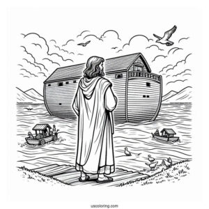 Noah's Ark Coloring Page Of Standing On Top Of Ark After The Flood