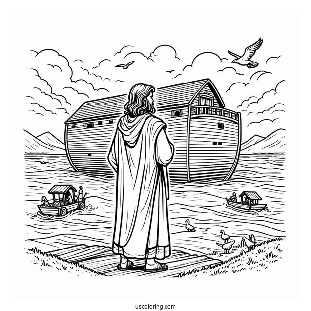 Noah's Ark Coloring Page Of Standing On Top Of Ark After The Flood