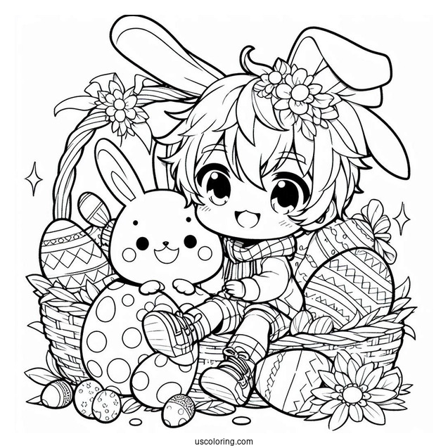 Easter Coloring Page Of Cute Anime Boy With Easter Bunny And Eggs For Kids