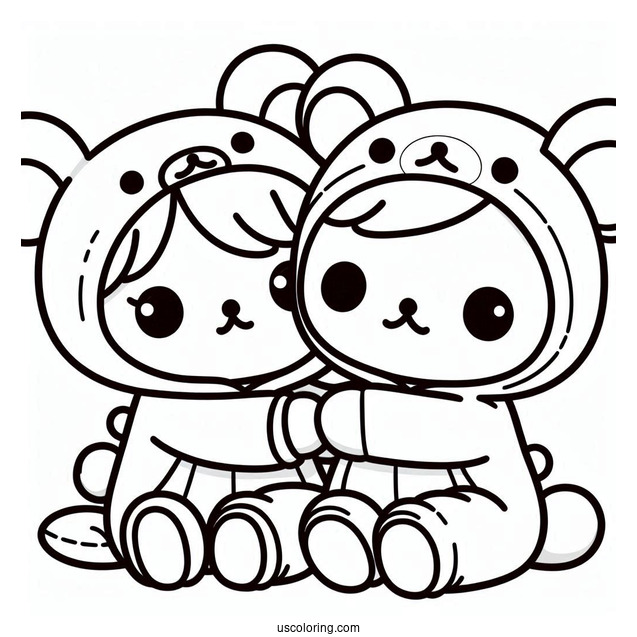 Friends Hugging Rilakkuma Coloring Page In Onesie Costume For Kids