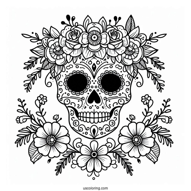 Floral Sugar Skull Coloring Page For Kids