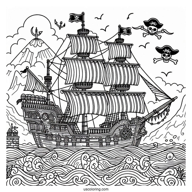 Detailed Pirate Coloring Page Ship At Sea