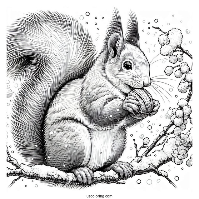 Realistic Squirrel Coloring Page Eating Nut On Snow Covered Branch