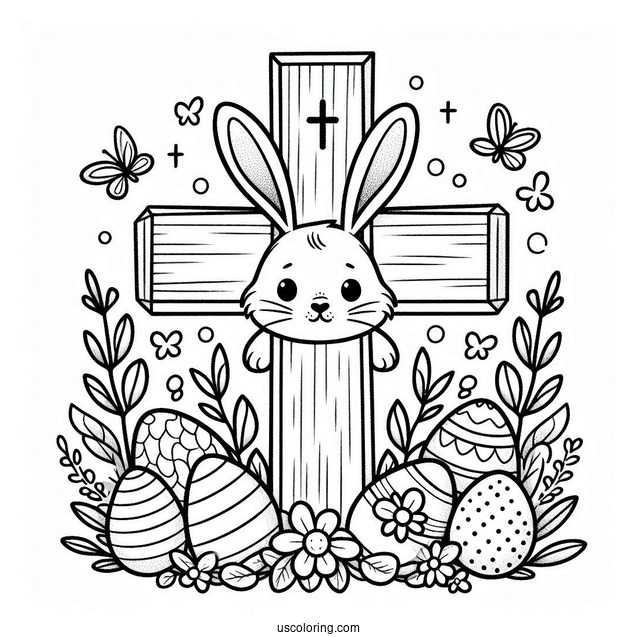 Easter Cross Coloring Page With Bunny Ears And Eggs For Preschoolers