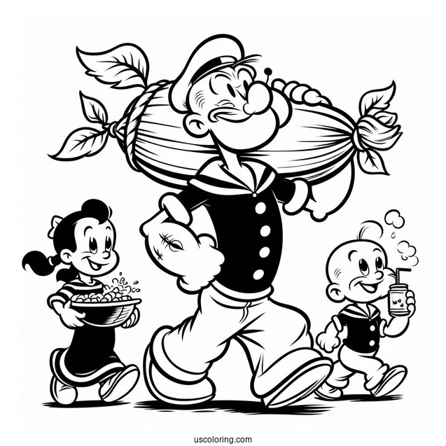 Popeye Coloring Page Carrying Swee Pea, Eugene, And Olive Oyl