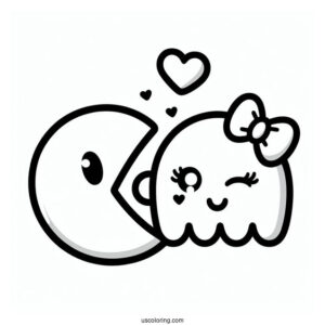 Pinky Ghost Kissing Pac-Man Coloring Page On The Cheek