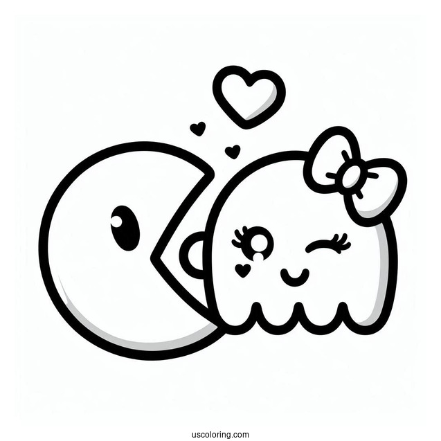 Pinky Ghost Kissing Pac-Man Coloring Page On The Cheek