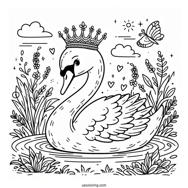 Swan Coloring Page With Crown In The Pond