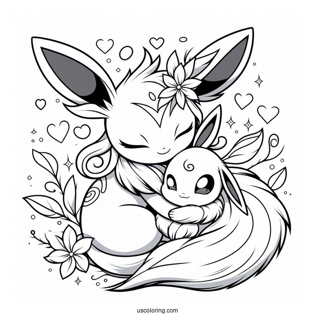 Sylveon Coloring Page Embracing Baby Eevee