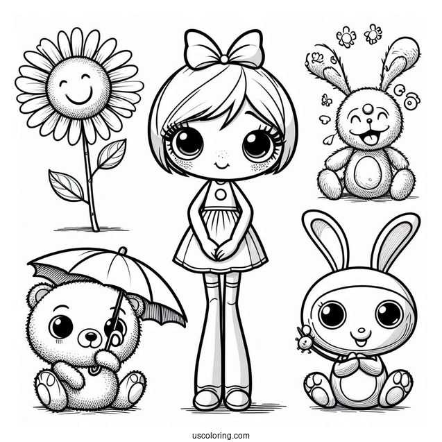 Poppy Playtime Coloring Page Of Mommy Long Legs, Huggy Wuggy, Kissy Missy, Poppy, Bron, Boogie Bot, And Bunzo Bunny
