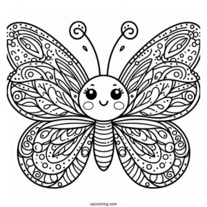 Simple Smiling Butterfly Coloring Page With Detailed Wings