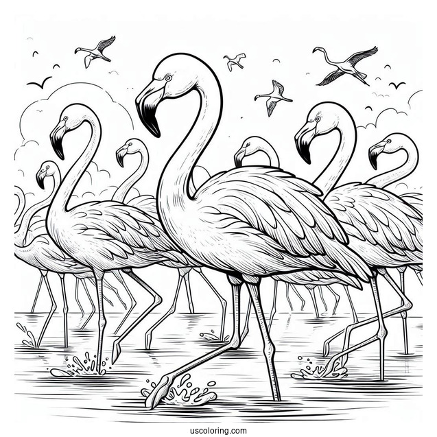 Flock Of Flamingos Walking In Water