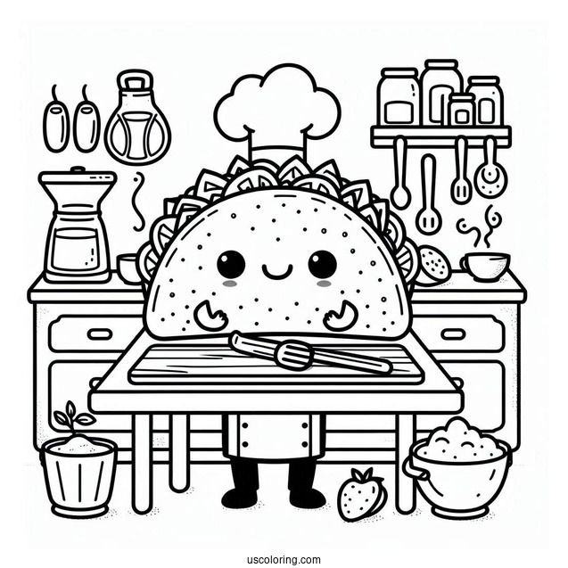 Adorable Taco On The Kitchen Coloring Sheet For Kids