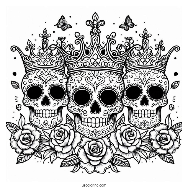 Majestic Sugar Skulls Coloring Page Wearing Crown