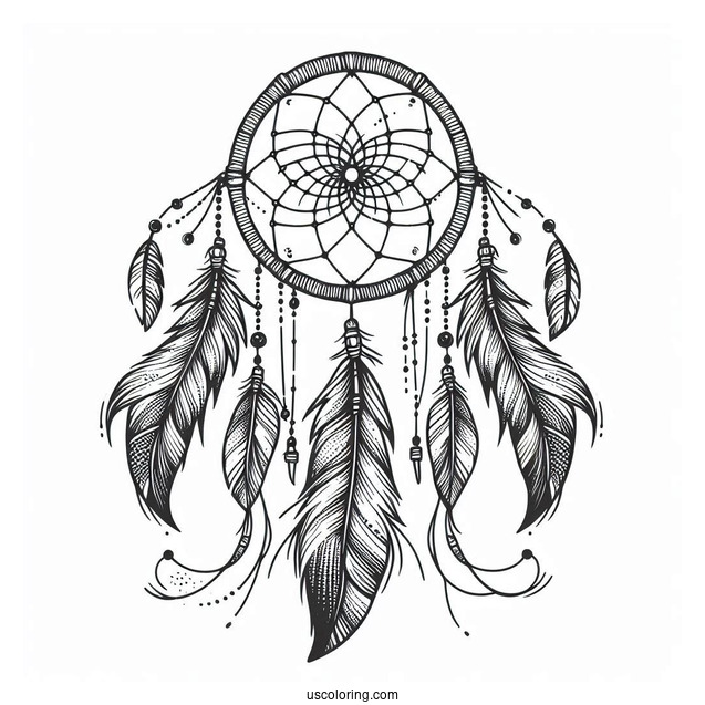 Native American Coloring Page Of Dreamcatcher With Long Feather