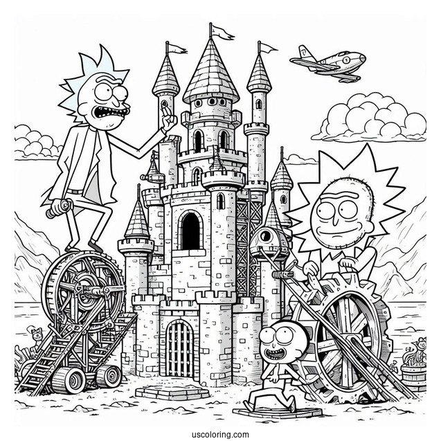 Jerry and Gearhead Building a Castle Rick and Morty Coloring Page