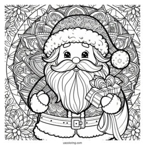 Santa Claus In Front Of A Beautiful Flower Christmas Mandala Coloring Page