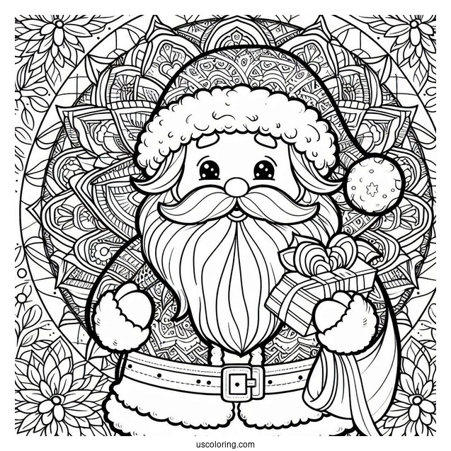 Santa Claus In Front Of A Beautiful Flower Christmas Mandala Coloring Page