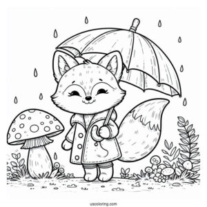 Fox Coloring Page In A Raincoat With Umbrella Standing On A Mushroom
