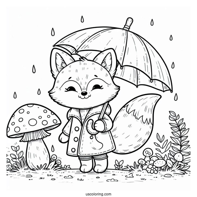 Fox Coloring Page In A Raincoat With Umbrella Standing On A Mushroom