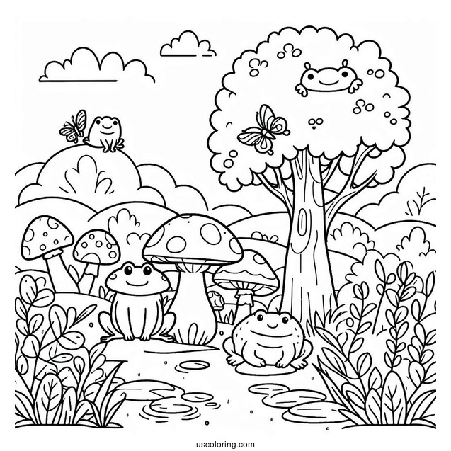 Cute Coloring Page Landscape With Mushrooms And Frogs