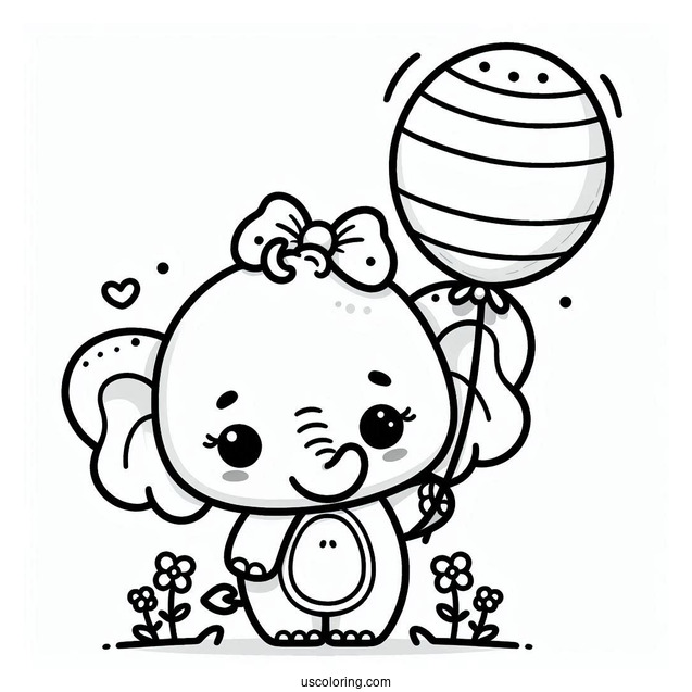 Kawaii Elephant Holding Balloon Coloring For Preschoolers