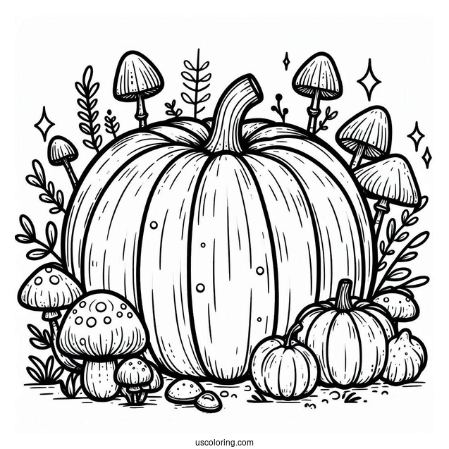 Simple Pumpkin Coloring Page With Mushrooms For Kids