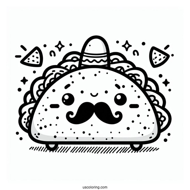 Kawaii Mexican Taco Coloring Page With Mustache