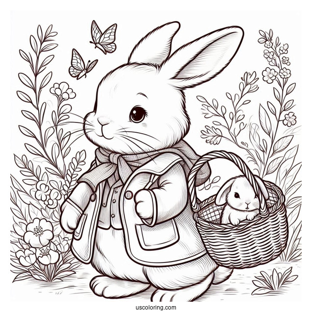 Cute Bunny Rabbit In A Jacket Carrying Basket Peter Rabbit Coloring Page For Preschoolers