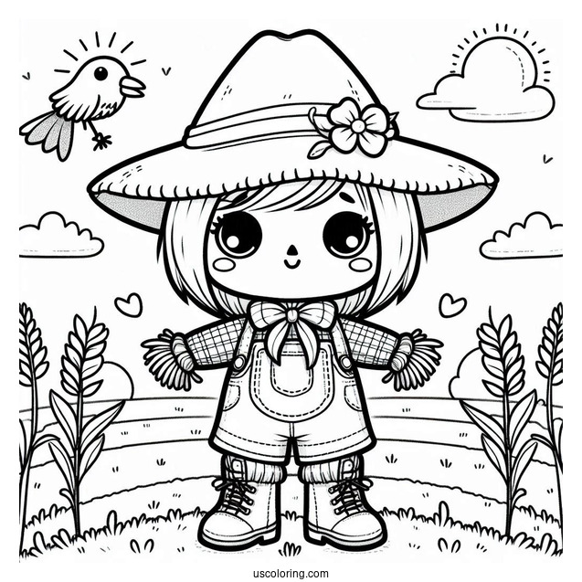 Kawaii Little Scarecrow Coloring Page On A Farm Field For Kids