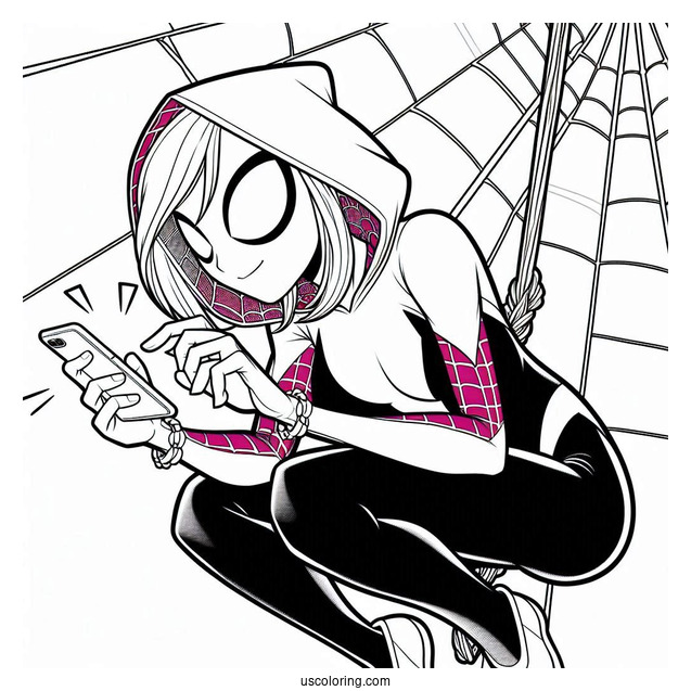 Spider-Gwen Coloring Page Texting While Swinging From A Web