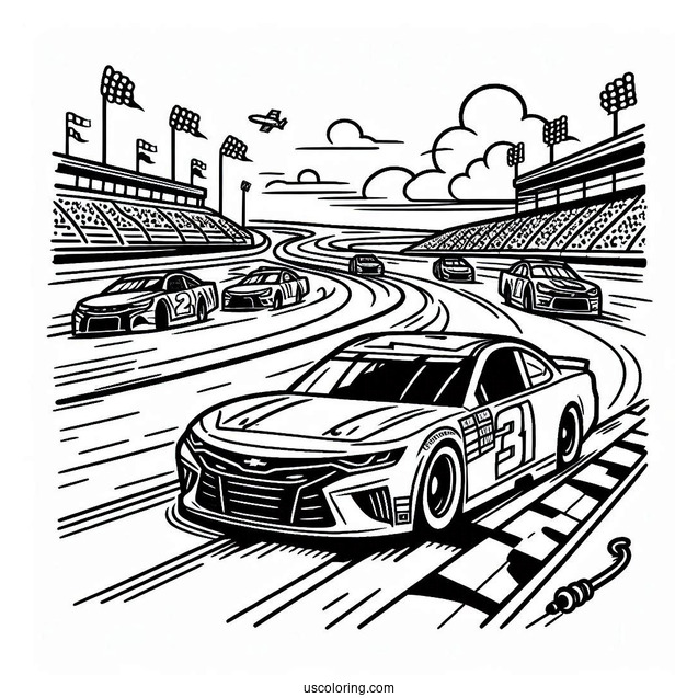 Simple NASCAR Coloring Page Cars Outline On Race Track For Kids