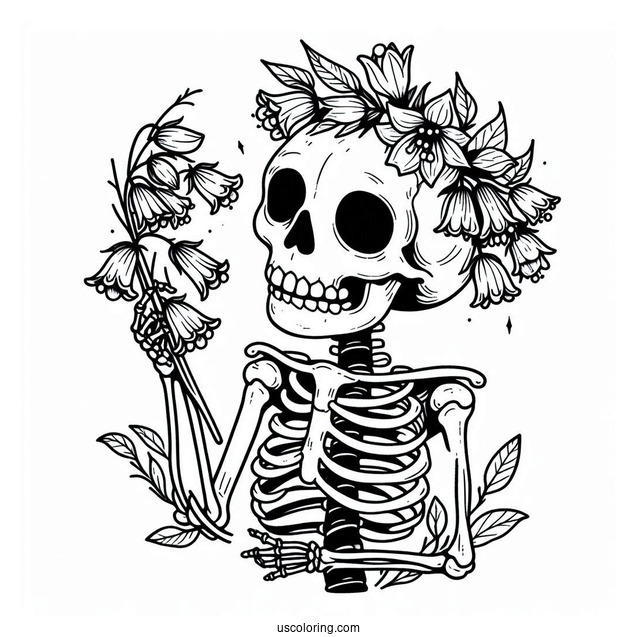 Skeleton Coloring Page Holding Up Bluebells