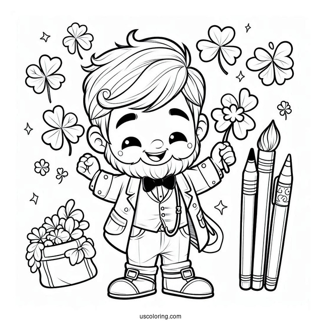 Smiling St. Patrick's Day Coloring Page Holding A Shamrock For Kids