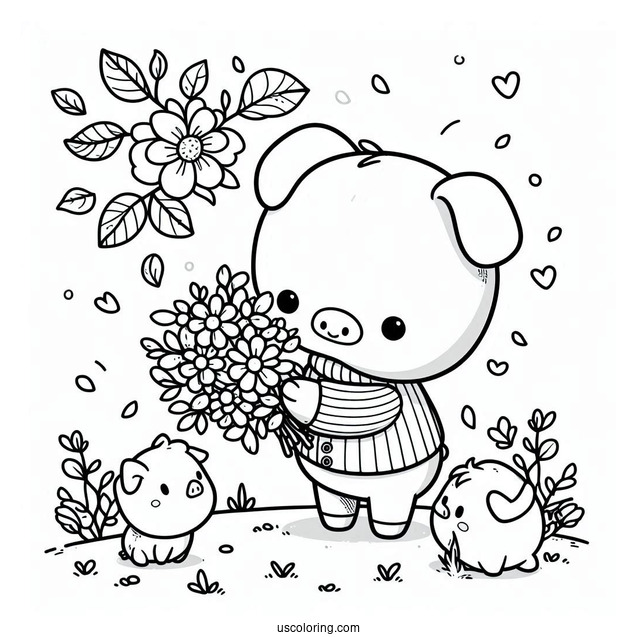 Kawaii Piglet Coloring Page Picking Petals For Preschoolers