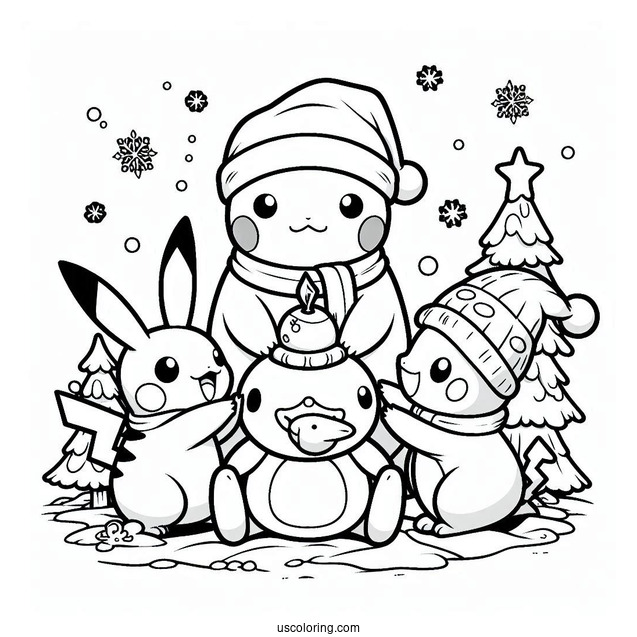 Pokemon Christmas Coloring Page Pikachu, Charmander, And Psyduck Making A Snowman