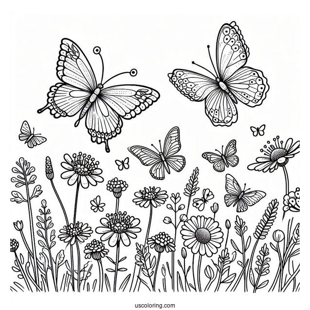 Butterflies Among Wildflowers And Grass