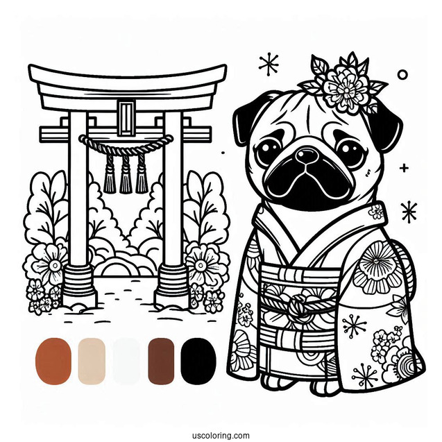 Pug Coloring Page in Kimono at Japanese Torii Gate For Kids